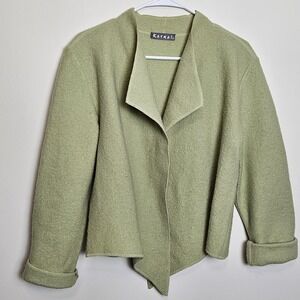 Katmai 100% Wool Green Open Front Jacket‎ Waterfall Collar Small